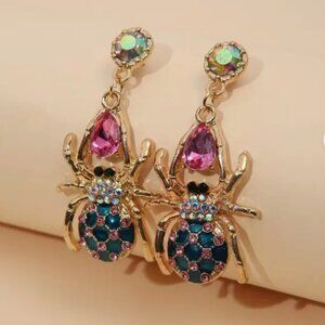 Bejeweled Gold Spider Earrings with Pink and Blue Rhinestone Gems